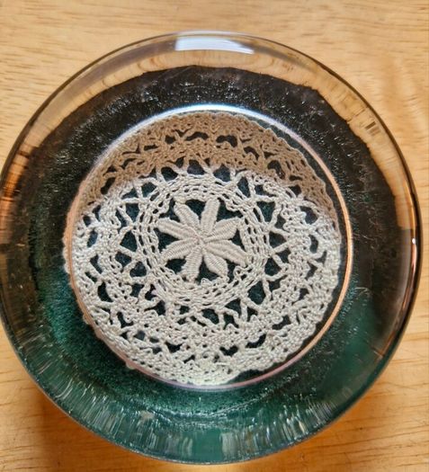 Unique Vintage Glass Paperweight  with Hand woven Lace -inlay