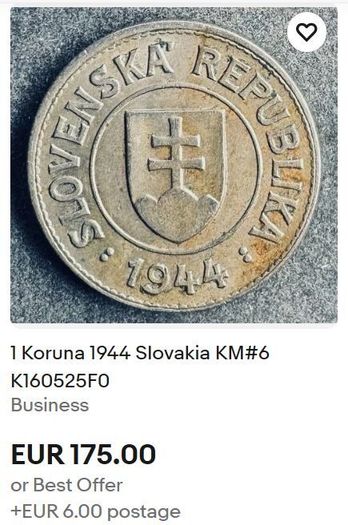Rare Slovakia 1 Koruna 1944  Slovenska WW2 era