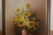 Vintage Oil Painting Of Sunflowers In A Vase
