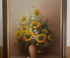 Vintage Oil Painting Of Sunflowers In A Vase