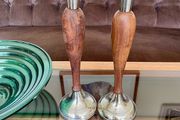 Vintage Tall Pair of Silver Metal and Wooden Candlestick Holders