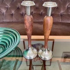 Vintage Tall Pair of Silver Metal and Wooden Candlestick Holders