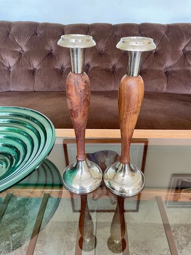 Vintage Tall Pair of Silver Metal and Wooden Candlestick Holders