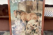 Mid 20th Century English Embroidered Tapestry Fire Screen of Blacksmith Horse and Hound