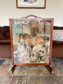 Mid 20th Century English Embroidered Tapestry Fire Screen of Blacksmith Horse and Hound