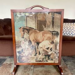 Mid 20th Century English Embroidered Tapestry Fire Screen of Blacksmith Horse and Hound