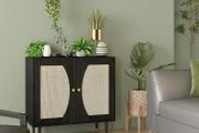 Bohemian kitchen sideboard storage cabinet, double doors with 2 shelves, rattan front, 80 x 38 x 79 cm, black