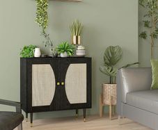 Bohemian kitchen sideboard storage cabinet, double doors with 2 shelves, rattan front, 80 x 38 x 79 cm, black