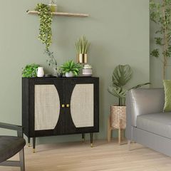 Bohemian kitchen sideboard storage cabinet, double doors with 2 shelves, rattan front, 80 x 38 x 79 cm, black