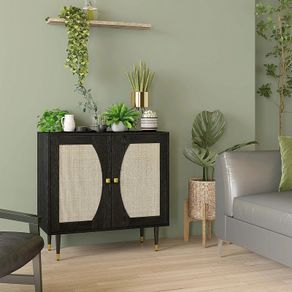 Bohemian kitchen sideboard storage cabinet, double doors with 2 shelves, rattan front, 80 x 38 x 79 cm, black