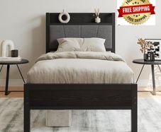 3ft Single Bed Frame with Storage Headboard,Heavy Duty Metal Upholstered Platform Bed Frame,Mattress Foundation/Strong Steel Slat Support/Under-bed Storage/Easy Assembly/Black