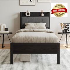 3ft Single Bed Frame with Storage Headboard,Heavy Duty Metal Upholstered Platform Bed Frame,Mattress Foundation/Strong Steel Slat Support/Under-bed Storage/Easy Assembly/Black