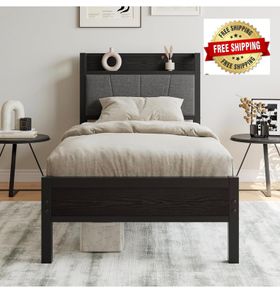 3ft Single Bed Frame with Storage Headboard,Heavy Duty Metal Upholstered Platform Bed Frame,Mattress Foundation/Strong Steel Slat Support/Under-bed Storage/Easy Assembly/Black