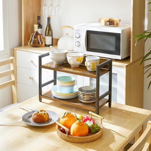 2-Tier Spice Rack Industrial Counter Shelf Desktop Storage Organizer Standing Seasoning Rack for Countertop Kitchen Office Living Room Desktop Rustic Brown