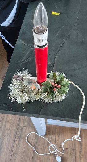 Vintage Christmas Welcome Candle Light Working  Robin & Holly Log Base