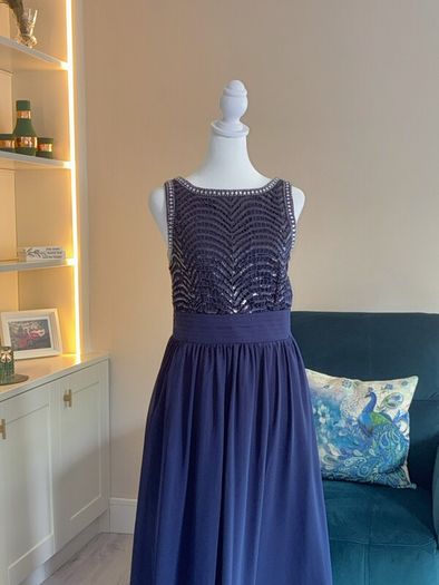 Navy and Silver Sequin Long Dress Size UK 14 / EU 42