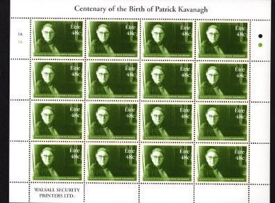 2004 Ireland Centenary of the Birth of Patrick Kavanagh Commemorative Stamp Sheetlet Plate 1A1A1A1A Mint Never Hinged (MNH)