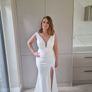white full length v neck dress with side split Image 2