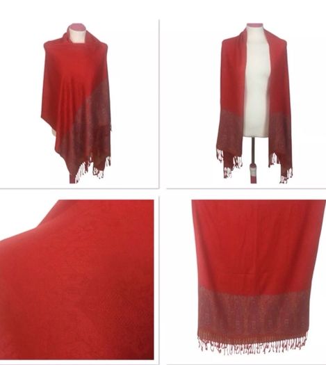 Ladies Red Paisley Rectangular Wrap Shawl With Tassle Fringe L 70 In X W 27 In