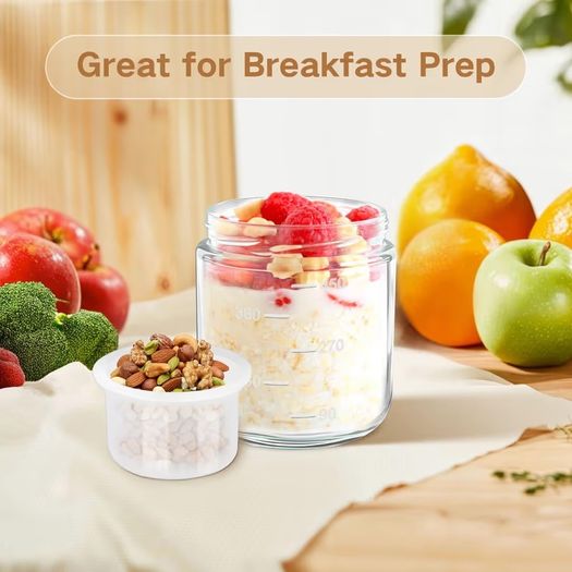 Brand New Overnight Oats Jars 2-Pack 450ml with Folding Spoon Meal Prep Lids.