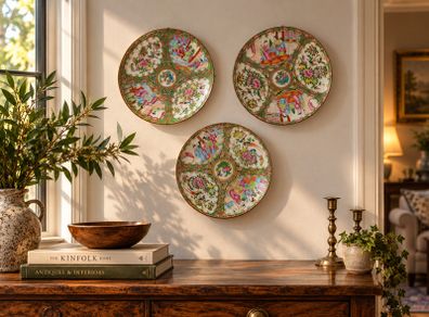Set of 3 Antique 19th C. Chinese Export Rose Medallion Plates