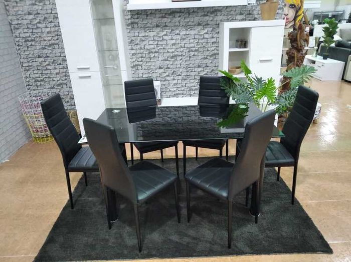 Black Modern Glass Dining Table Set Seats 6