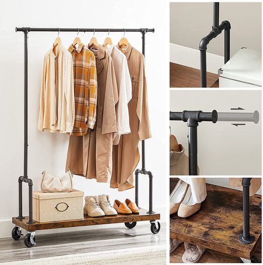 _Coat Rack on Wheels with Clothes Rail Extendible Hallway Coat Rack with Shelf and Wheels Industrial Design Vintage Brown/Black