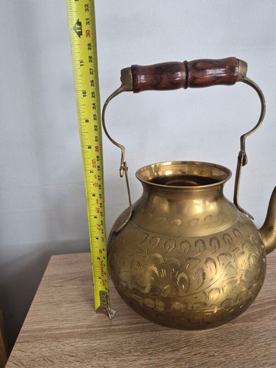 Vintage Etched Brass Teapot with Wooden Handle, Decorative Gold Teapot