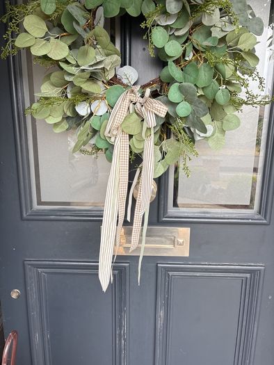 Faux eucalyptus wreath ,mixed foliage and bow detail