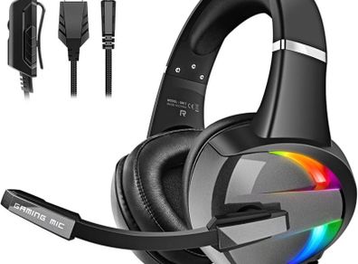 Gaming Headset for PS4 PS5 Xbox One PC Switch PS4 Headset with Noise Cancelling Mic, 3D Surround Sound Over Ear Gaming Headphones with RGB Light 3.5mm Jack (FREE POSTAGE)