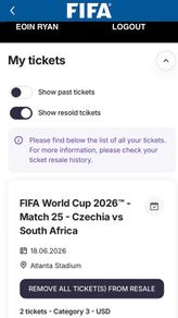 Two World Cup Tickets for Czechia v South Africa (18th June 2026) Atlanta