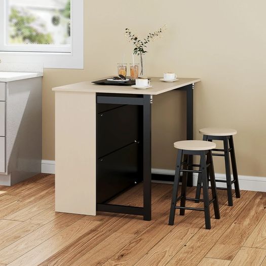3-pc. Bar set, Bar table with foldable tabletop, 2 bar stools, 6 storage compartments, black+oak, 116 x 70 x 89.5 cm