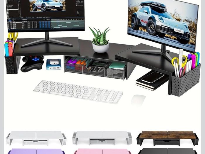 Dual Monitor Stand Riser, Metal Monitor Desk Accessories with Drawer and 2 Pen Holder, Adjustable Length and Angle - Computer Monitor Stand for Screen, Computer, Printer (Metal Black)