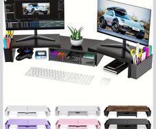 Dual Monitor Stand Riser, Metal Monitor Desk Accessories with Drawer and 2 Pen Holder, Adjustable Length and Angle - Computer Monitor Stand for Screen, Computer, Printer (Metal Black)