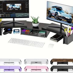 Dual Monitor Stand Riser, Metal Monitor Desk Accessories with Drawer and 2 Pen Holder, Adjustable Length and Angle - Computer Monitor Stand for Screen, Computer, Printer (Metal Black)