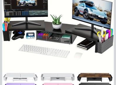 Dual Monitor Stand Riser, Metal Monitor Desk Accessories with Drawer and 2 Pen Holder, Adjustable Length and Angle - Computer Monitor Stand for Screen, Computer, Printer (Metal Black)