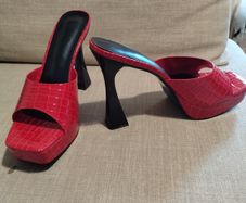 Sexy red chunky high heels for crossdresser