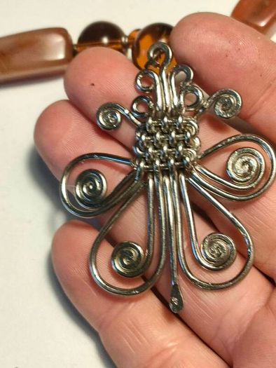 Mid Century Sterling Silver,Amber,Agate and Spinel Necklace