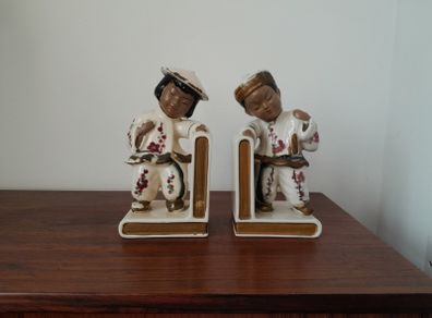 Vintage Asian Hand Painted Pottery Bookends