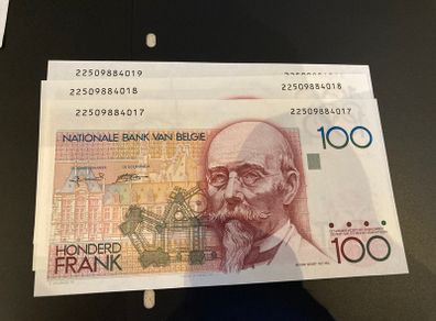 Belgium 100 Francs x 3 Rare Uncirculated Consecutives Notes