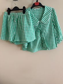 Marks and Spencers girls  green and white gingham shorts and tie-front top set.