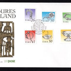 1990 Ireland Seventh Definitive Series Treasures of Ireland (26p, 30p, 32p, 41p, 50p and IR1) An Post First Day Cover (FDC) with Corcaigh (Cork) pictorial cancel