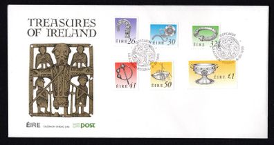 1990 Ireland Seventh Definitive Series Treasures of Ireland (26p, 30p, 32p, 41p, 50p and IR1) An Post First Day Cover (FDC) with Corcaigh (Cork) pictorial cancel
