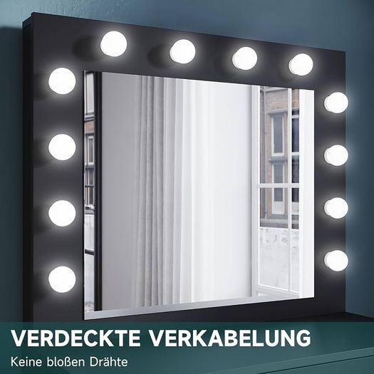 dressing table with stool, illuminated mirror, drawers, cosmetic table with 12 lights, 10 adjustable brightness, 3 colors, dressing table chest of drawers for bedroom, black, 80x40x140cm.