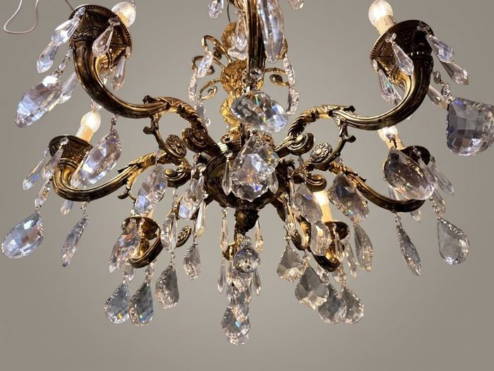 French Eight-Arm Brass & Crystal Chandelier