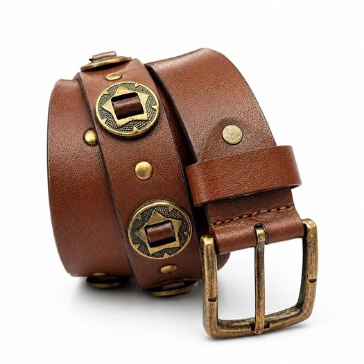 Unisex Genuine Leather Studded Belt Vintage Brown Leather Belt with Antique Brass Rivets & Buckle
