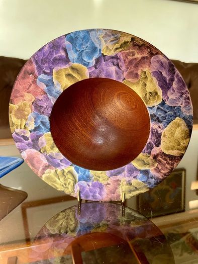 Hand Lathed Signed Coloured Edge Bowl Solid Mahogany