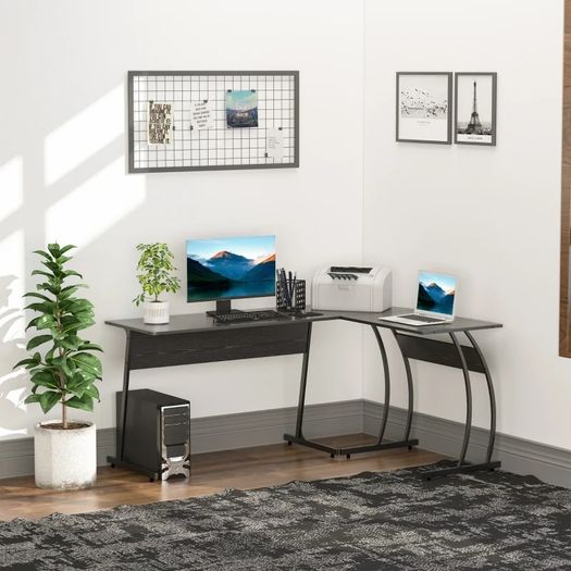 L Shape Computer Desk Corner Display Table Laptop Study Desk Minimalist Space Saving Wood Steel Gaming PC Workstation for Home Office 112.5x152x74cm Black