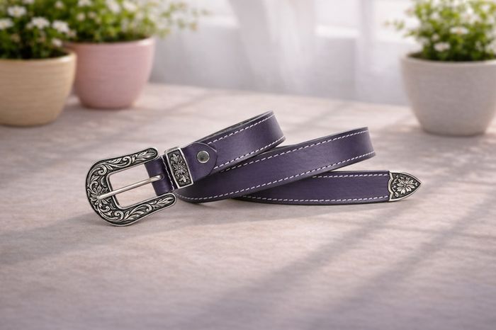 Unisex Premium Purple Genuine Leather Belt Vintage Engraved Silver Buckle