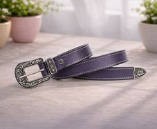 Unisex Premium Purple Genuine Leather Belt Vintage Engraved Silver Buckle